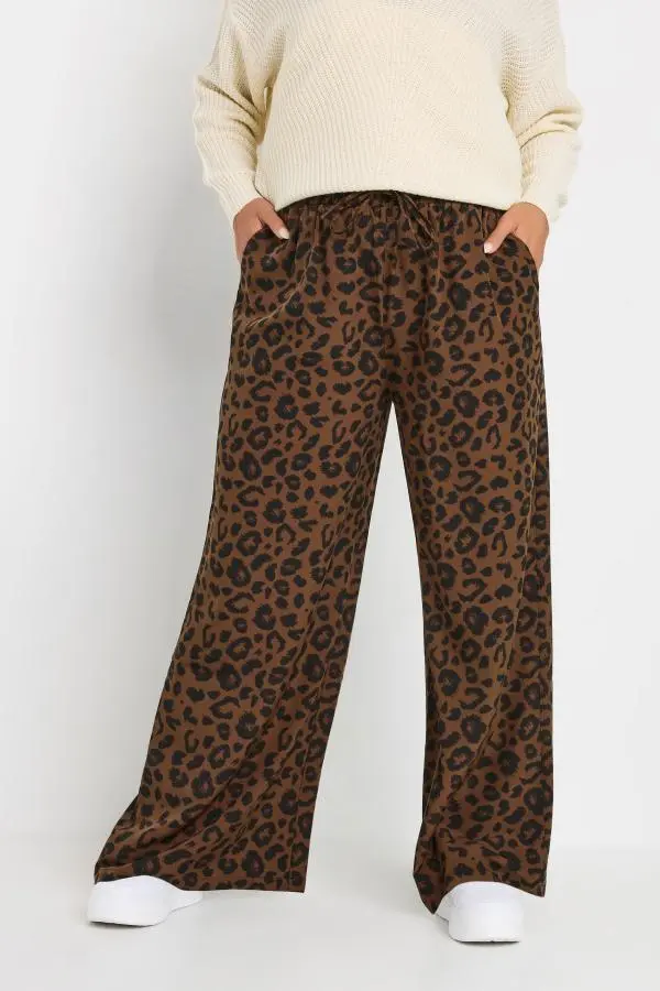 Yours Curve Brown Leopard Print Wideleg Trousers, Women's Curve & Plus Size, Yours