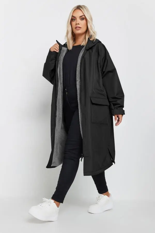 Yours Curve Black Waterproof Fleece Lined Robe, Women's Curve & Plus Size, Yours