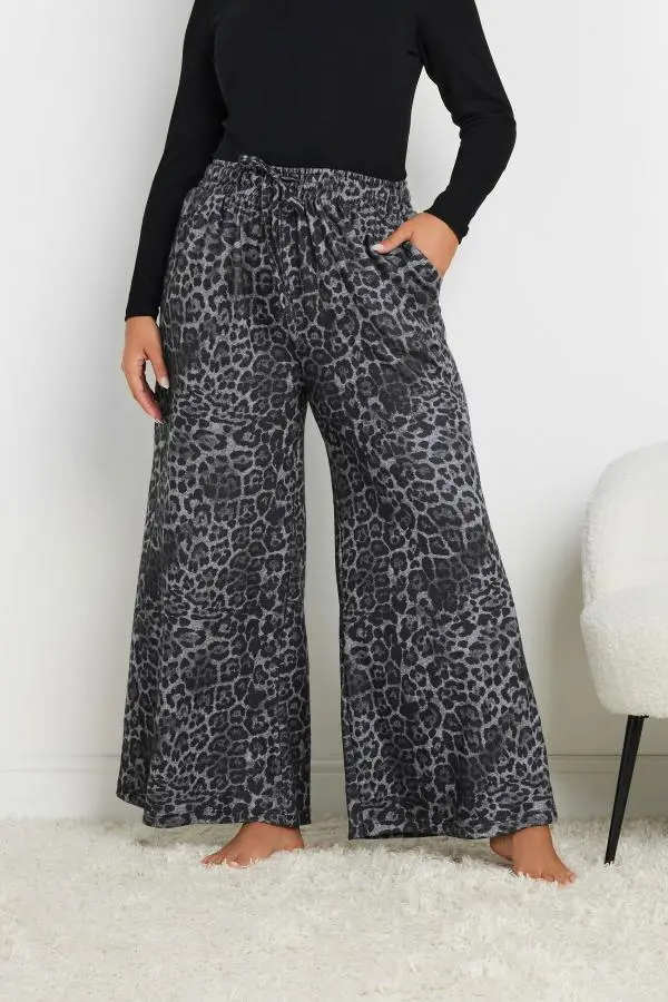 Yours Curve Grey Leopard Print Wide Leg Lounge Trousers, Women's Curve & Plus Size, Yours