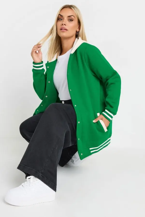 Yours Curve Green Varsity Hooded Jacket, Women's Curve & Plus Size, Yours