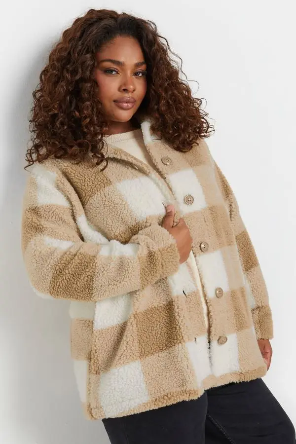 Yours Curve Natural Brown Check Teddy Borg Fleece Jacket, Women's Curve & Plus Size, Yours