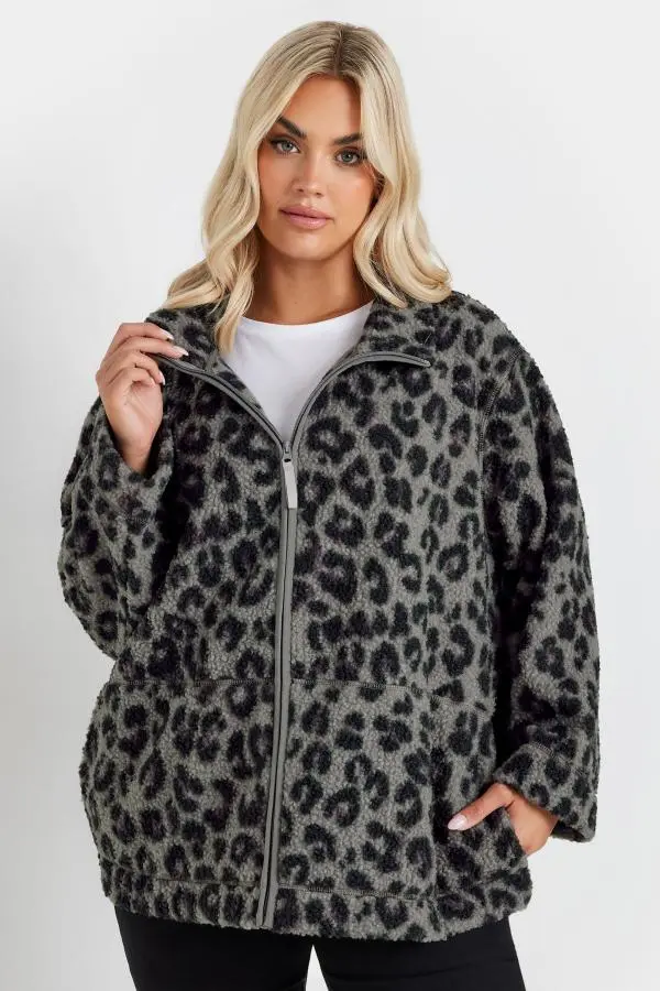 Yours Curve Grey Leopard Print Teddy Borg Jacket, Women's Curve & Plus Size, Yours