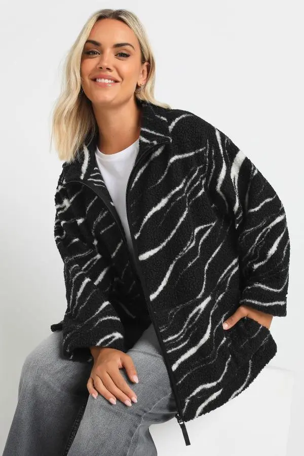 Yours Curve Black Zebra Print Teddy Fleece Jacket, Women's Curve & Plus Size, Yours