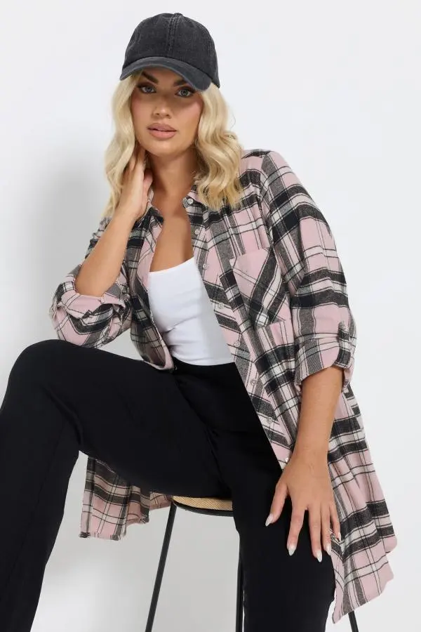 Yours Curve Pink & White Check Brushed Boyfriend Shirt, Women's Curve & Plus Size, Yours