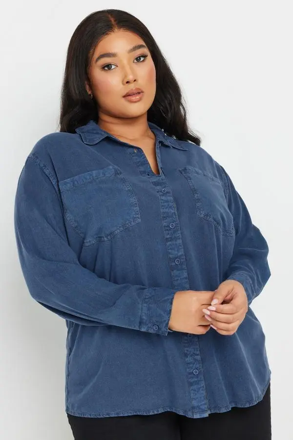 Yours Curve Indigo Blue Washed Chambray Shirt, Women's Curve & Plus Size, Yours