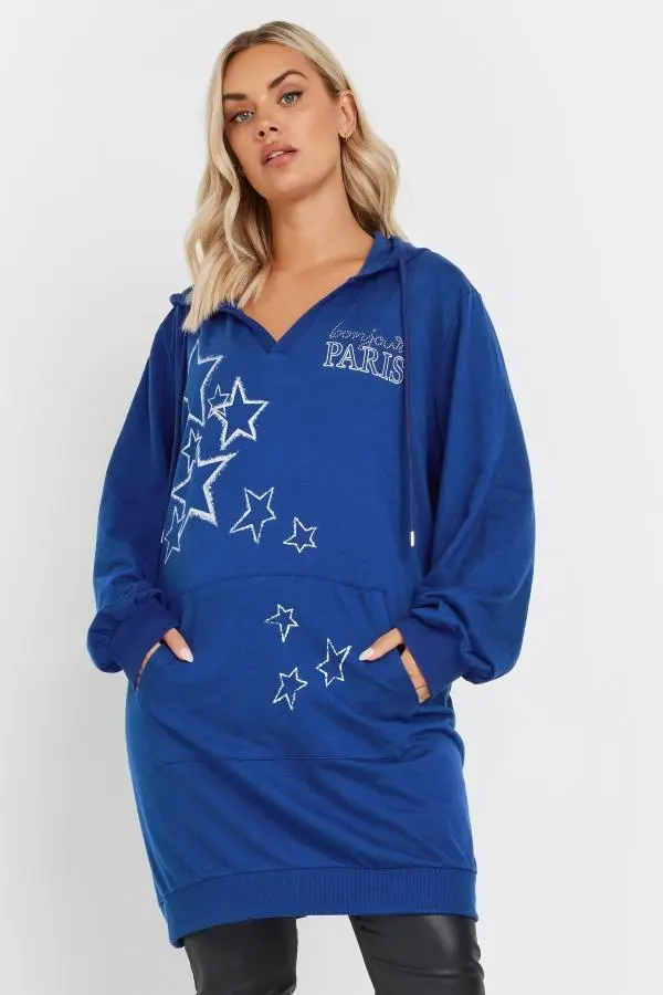 Yours Curve Blue 'Paris' Star Print Longline Hoodie, Women's Curve & Plus Size, Yours