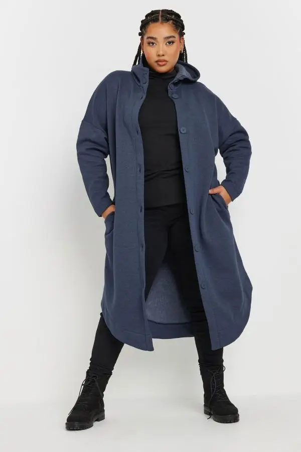 Yours Curve Blue Button Through Hooded Jacket, Women's Curve & Plus Size, Yours