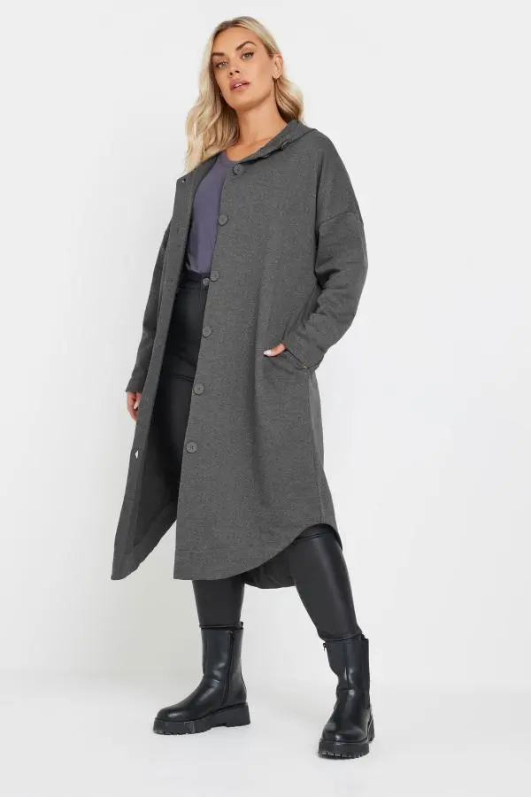 Yours Curve Grey Button Through Hooded Jacket, Women's Curve & Plus Size, Yours