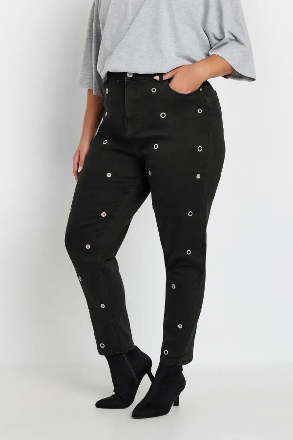 Yours Curve Black Eyelet Detail Mom Jeans, Women's Curve & Plus Size, Yours