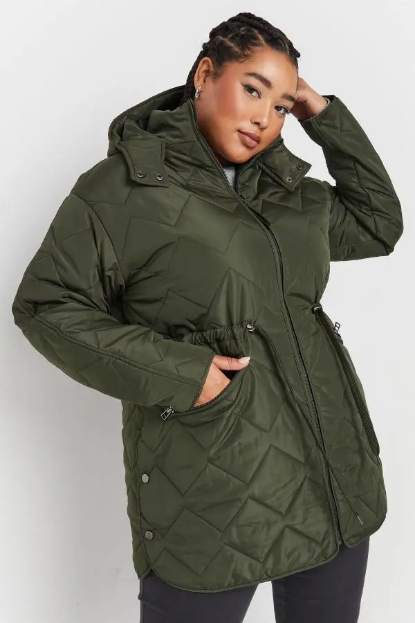 Yours Curve Khaki Green Midi Quilted Padded Jacket, Women's Curve & Plus Size, Yours