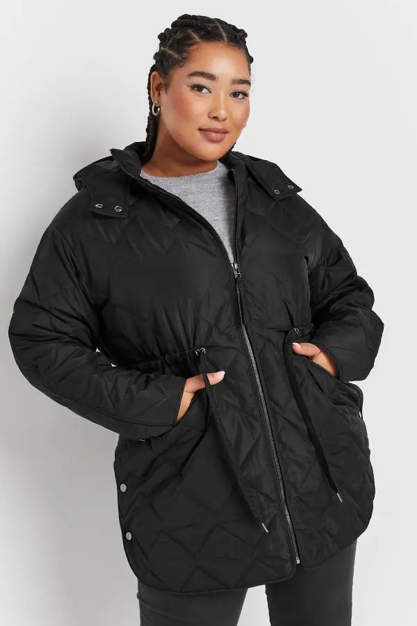 Yours Curve Black Midi Quilted Padded Jacket, Women's Curve & Plus Size, Yours