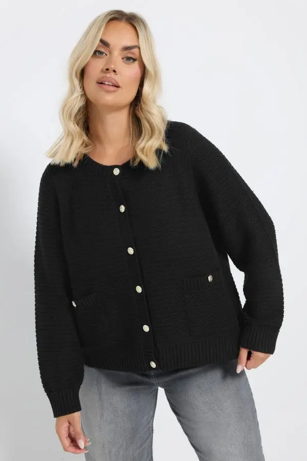 Yours Curve Black Button Through Pocket Cardigan, Women's Curve & Plus Size, Yours