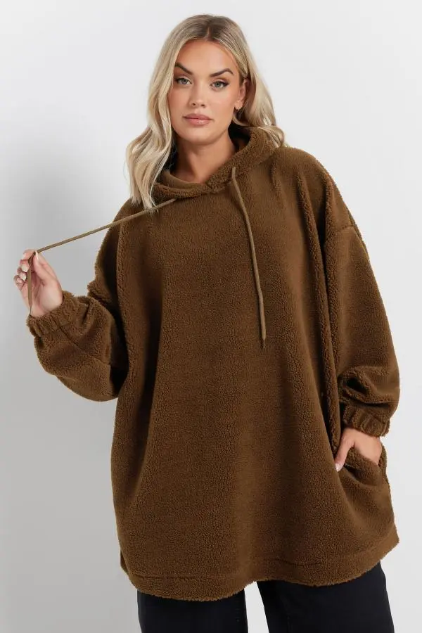 Yours Curve Brown Teddy Fleece Hoodie, Women's Curve & Plus Size, Yours