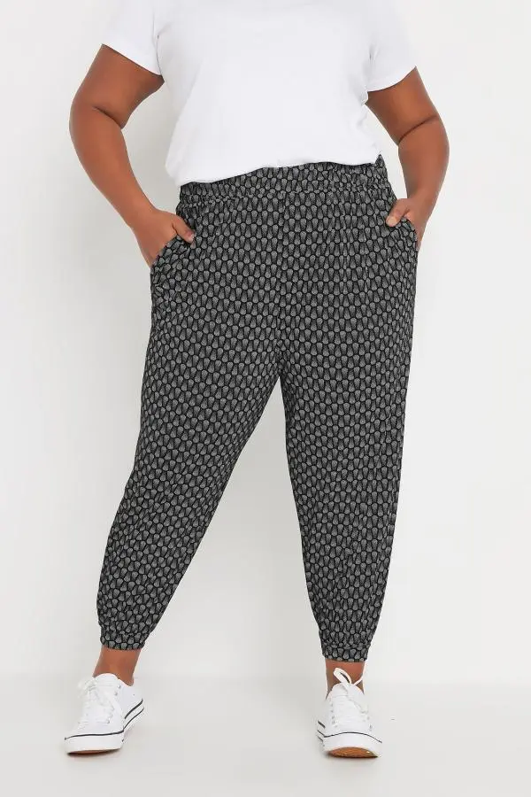 Yours Curve Black Abstract Print Cropped Harem Joggers, Women's Curve & Plus Size, Yours