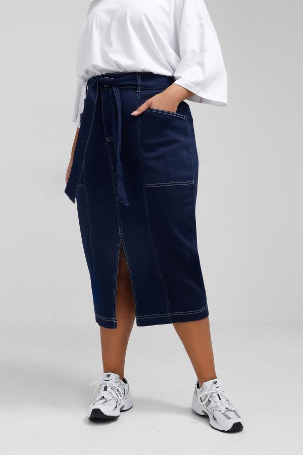 Limited Collection Curve Indigo Blue Contrast Stitch Denim Midi Skirt, Women's Curve & Plus Size, Limited Collection