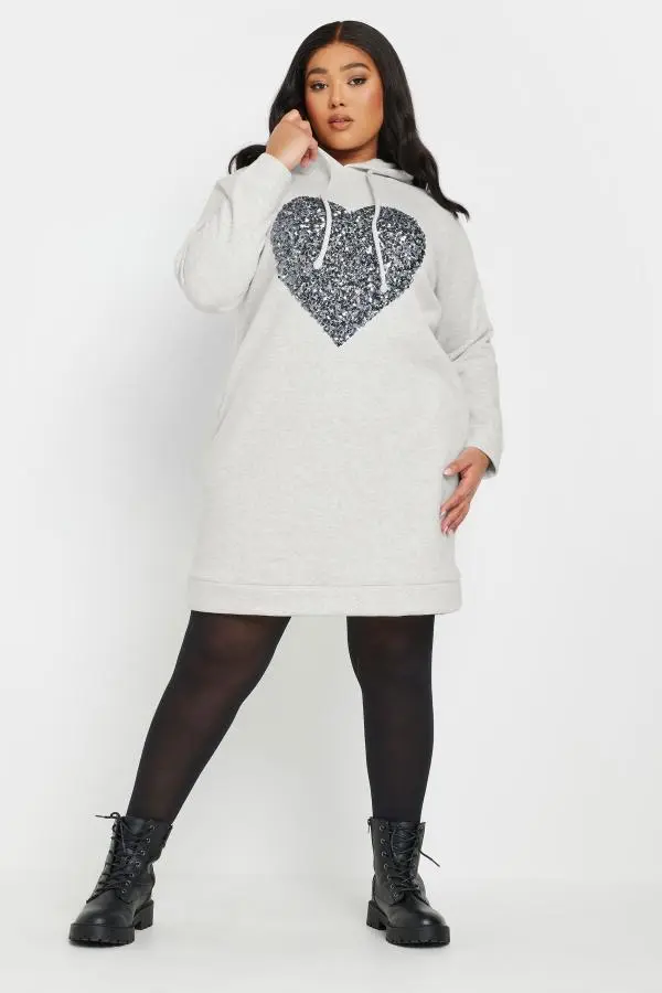 Yours Curve Grey Sequin Embellished Heart Hoodie Dress, Women's Curve & Plus Size, Yours