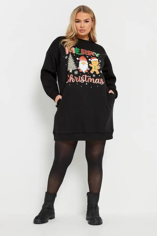 Yours Curve Black 'Merry Christmas' Graphic Sweatshirt Dress, Women's Curve & Plus Size, Yours