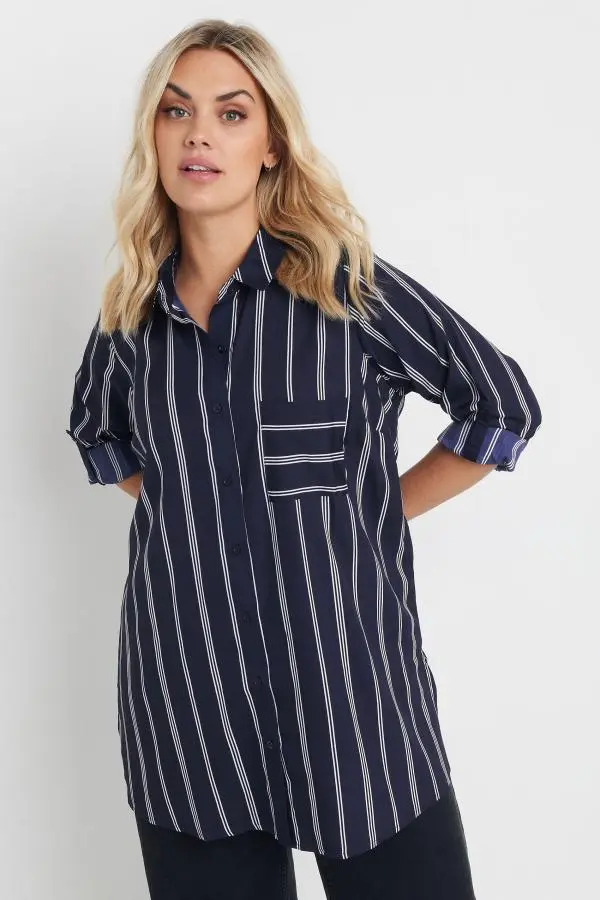 Yours Curve Navy Blue Stripe Print Boyfriend Shirt, Women's Curve & Plus Size, Yours