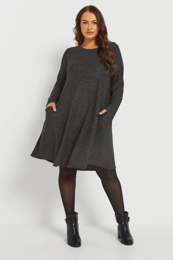 Yours Curve Charcoal Grey Soft Touch Pocket Swing Dress, Women's Curve & Plus Size, Yours