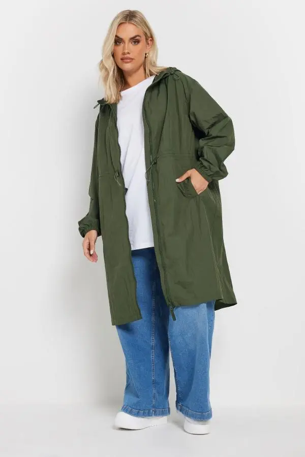 Yours Curve Khaki Green Lightweight Longline Parka Jacket, Women's Curve & Plus Size, Yours