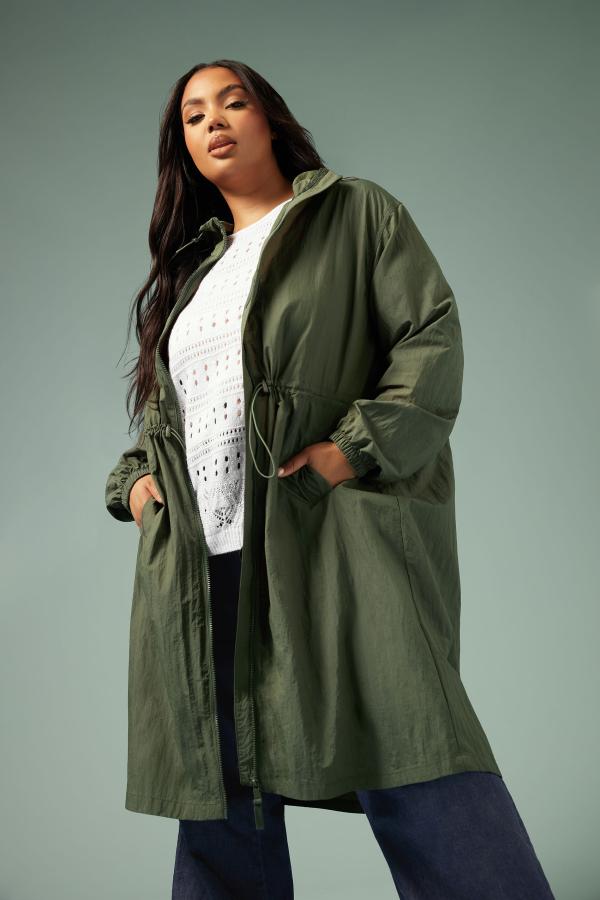 Yours Curve Khaki Green Lightweight Longline Parka Jacket, Women's Curve & Plus Size, Yours