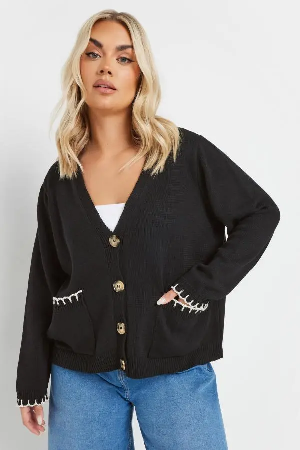 Yours Curve Black Contrast Blanket Stitch Cardigan, Women's Curve & Plus Size, Yours