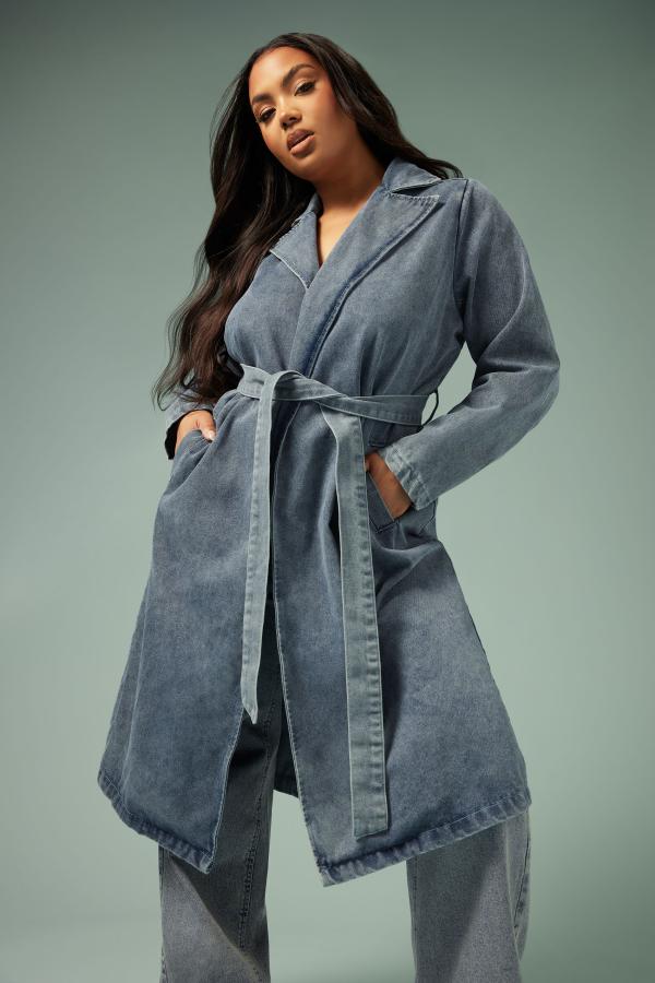 Limited Collection Curve Mid Blue Belted Denim Trench Coat, Women's Curve & Plus Size, Limited Collection