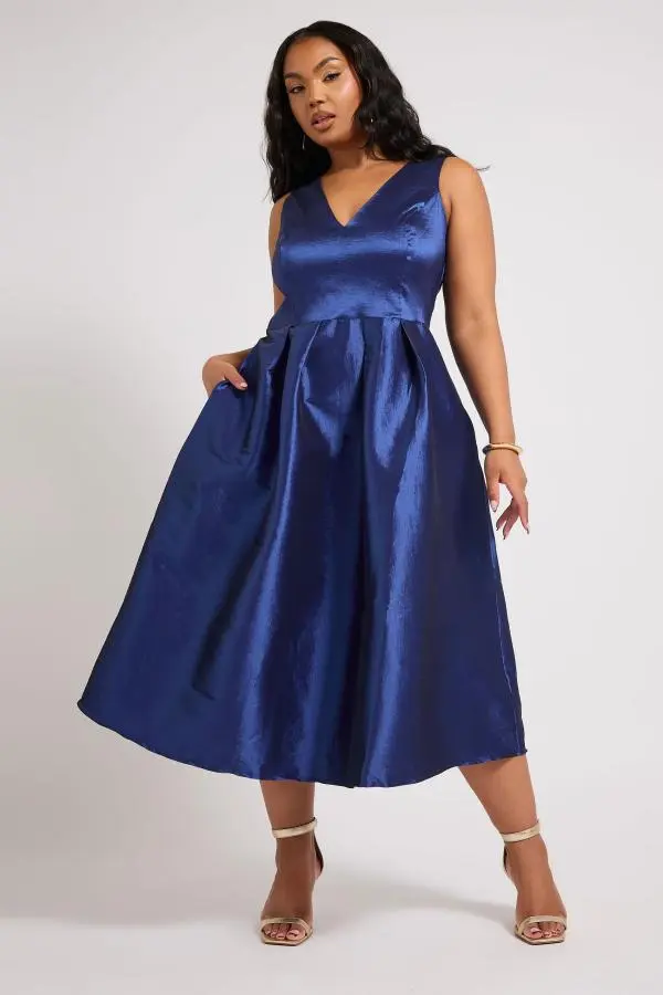 Yours London Curve Navy Blue Pleated Vneck Midi Prom Dress, Women's Curve & Plus Size, Yours London