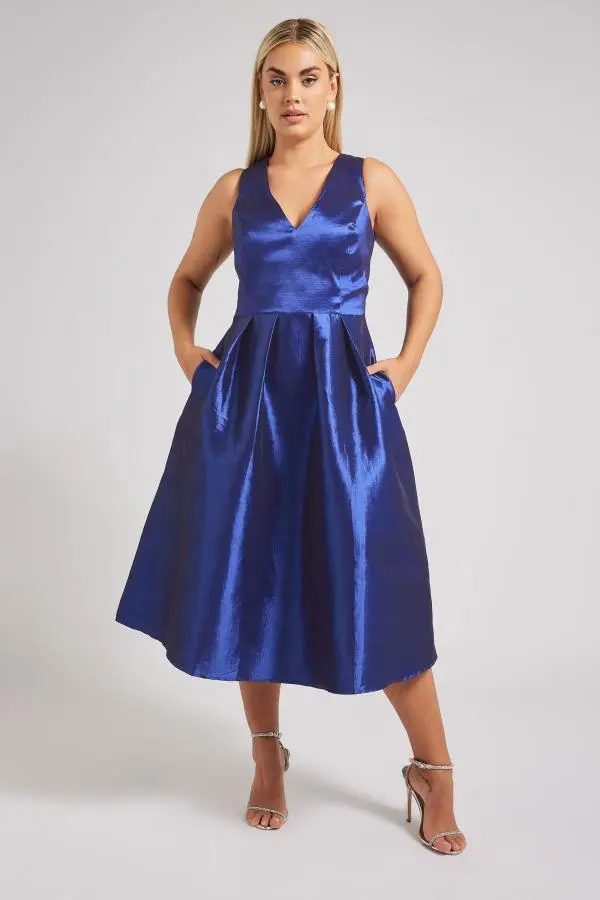 Yours London Curve Navy Blue Pleated Vneck Midi Prom Dress, Women's Curve & Plus Size, Yours London