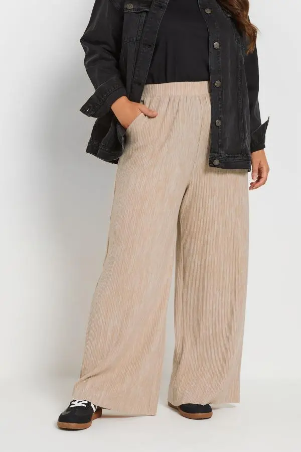 Yours Curve Natural Brown Pleated Wide Leg Trousers, Women's Curve & Plus Size, Yours