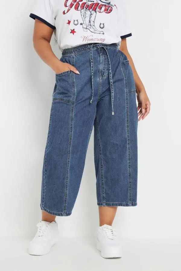 Yours Curve Blue Wide Leg Cropped Denim Jeans, Women's Curve & Plus Size, Yours