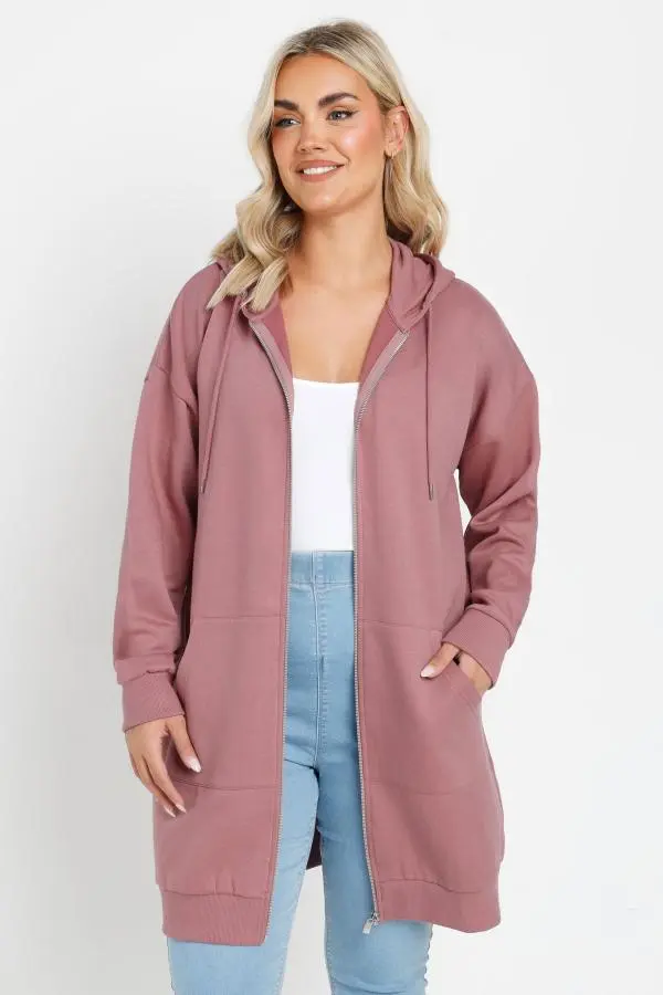 Yours Curve Dusty Pink Zip Through Longline Hoodie, Women's Curve & Plus Size, Yours