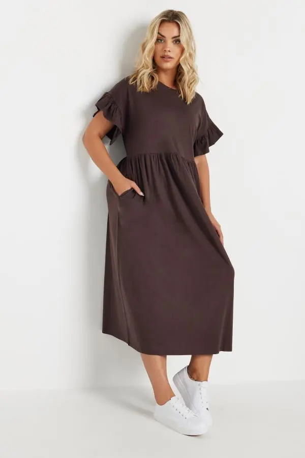 Yours Curve Chocolate Brown Frill Cotton Midaxi Dress, Women's Curve & Plus Size, Yours