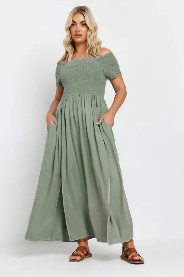 Yours Curve Sage Green Shirred Bardot Chambray Maxi Dress, Women's Curve & Plus Size, Yours