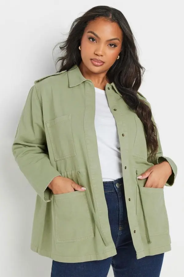 Yours Curve Sage Green Utility Style Denim Jacket, Women's Curve & Plus Size, Yours