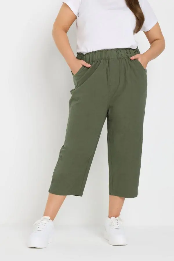 Yours Curve Olive Green Cool Cotton Cropped Trousers, Women's Curve & Plus Size, Yours