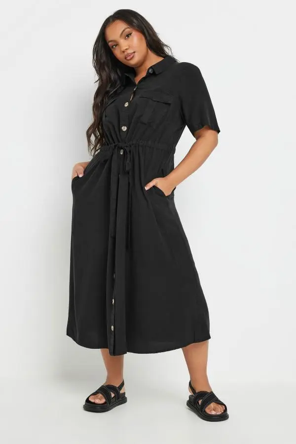 Yours Curve Black Tie Waist Chambray Shirt Dress, Women's Curve & Plus Size, Yours