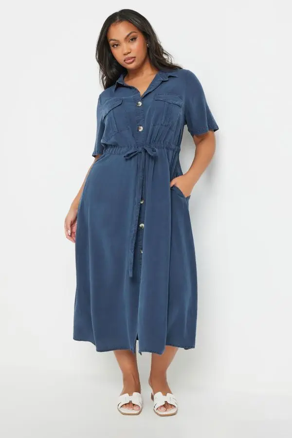 Yours Curve Blue Tie Waist Chambray Shirt Dress, Women's Curve & Plus Size, Yours