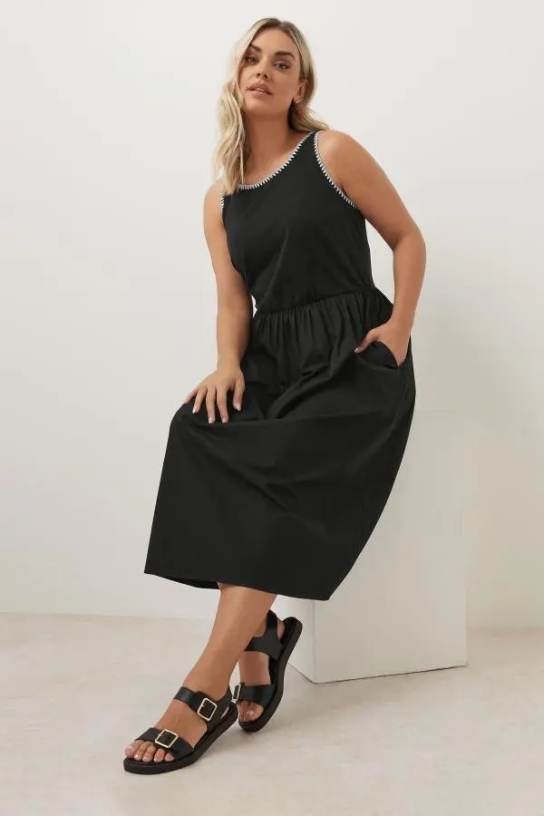 Yours Curve Black Contrast Blanket Stitch Midi Dress, Women's Curve & Plus Size, Yours