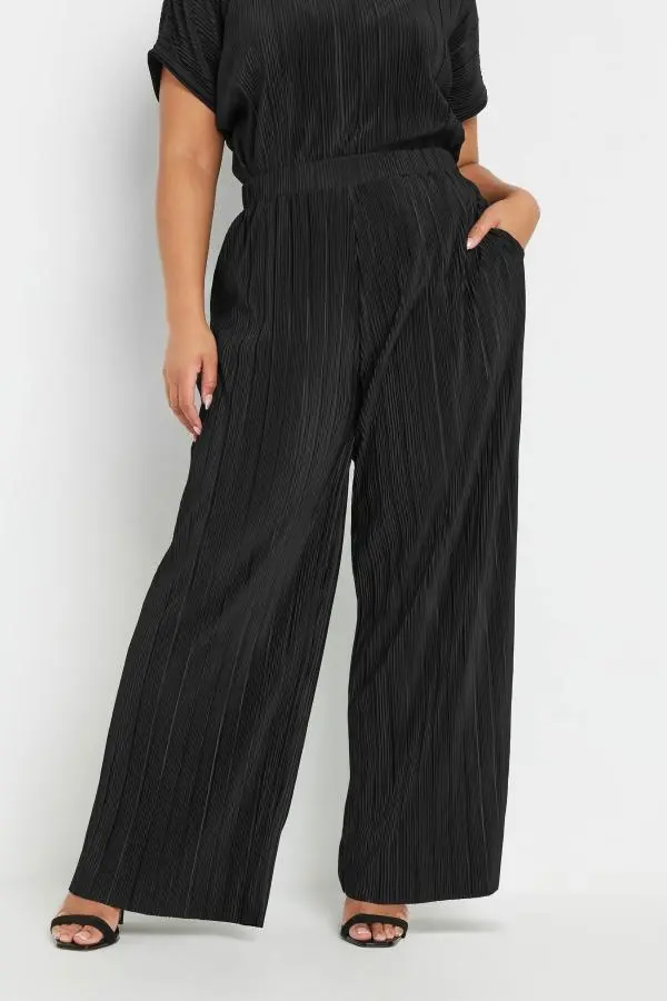 Yours Curve Black Plisse Wide Leg Trousers, Women's Curve & Plus Size, Yours