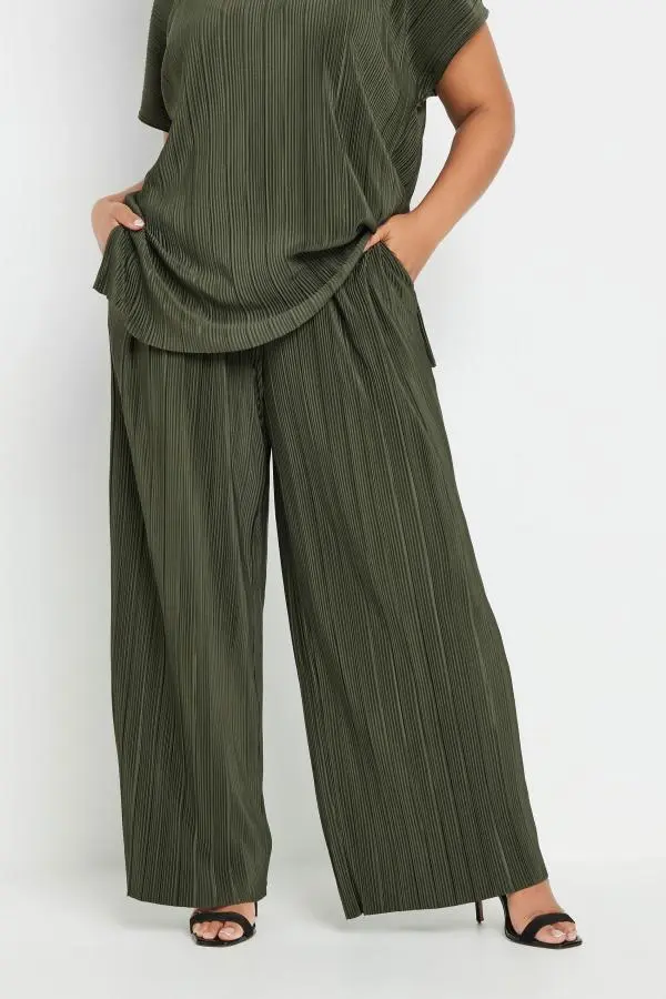 Yours Curve Khaki Green Plisse Wide Leg Trousers, Women's Curve & Plus Size, Yours