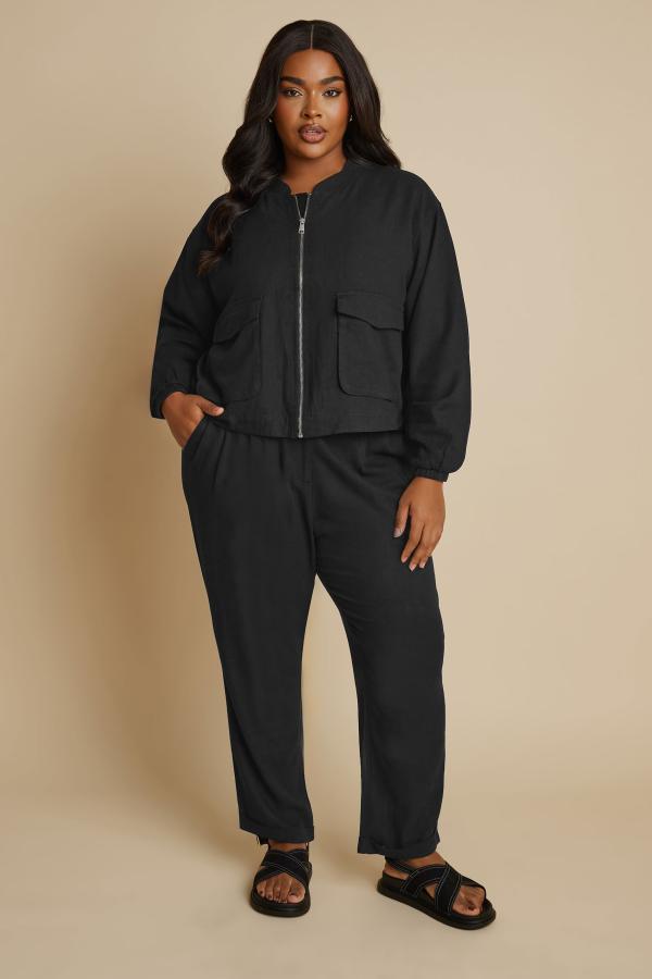 Yours Curve Black Linen Bomber Jacket, Women's Curve & Plus Size, Yours