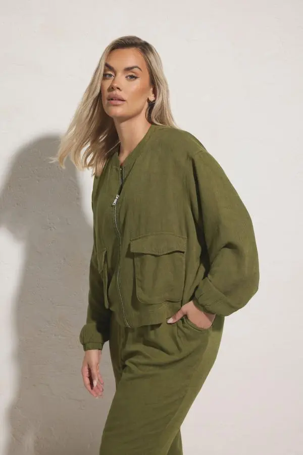 Yours Curve Khaki Green Linen Bomber Jacket, Women's Curve & Plus Size, Yours