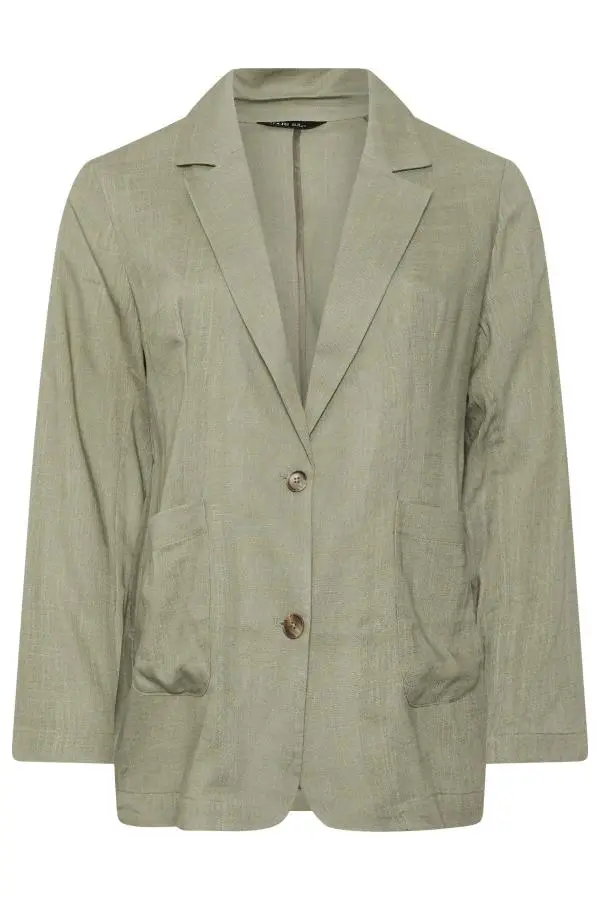 Yours Curve Khaki Green Relaxed Linen Blazer, Women's Curve & Plus Size, Yours