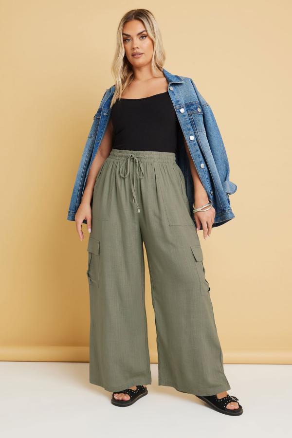 Yours Curve Khaki Green Linen Cargo Trousers, Women's Curve & Plus Size, Yours