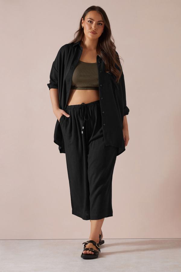 Yours Curve Black Cropped Wide Leg Linen Trousers, Women's Curve & Plus Size, Yours