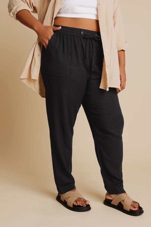 Yours Curve Black Linen Tie Front Joggers, Women's Curve & Plus Size, Yours