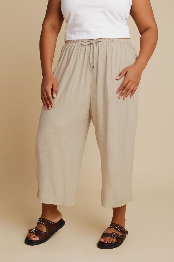 Yours Curve Natural Brown Cropped Wide Leg Linen Trousers, Women's Curve & Plus Size, Yours