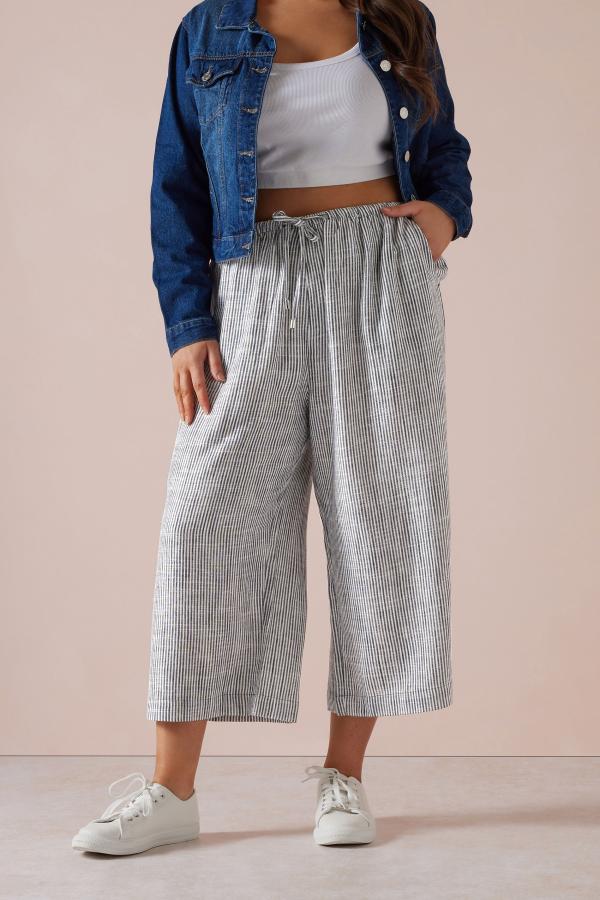 Yours Curve Blue Stripe Cropped Wide Leg Linen Trousers, Women's Curve & Plus Size, Yours