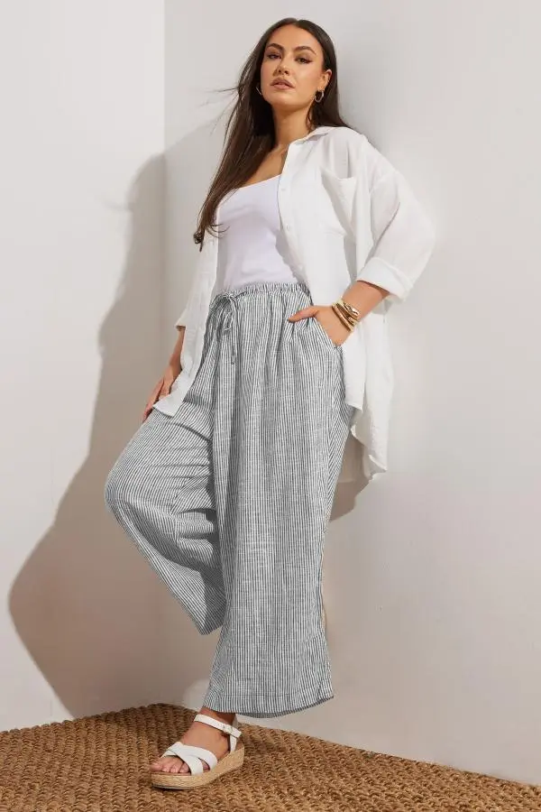 Yours Curve Blue Stripe Cropped Wide Leg Linen Trousers, Women's Curve & Plus Size, Yours